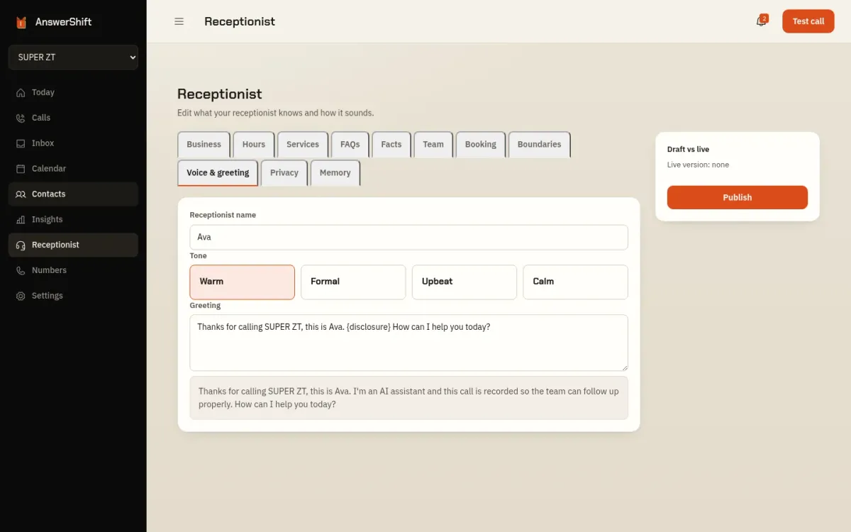 AnswerShift receptionist settings with the voice and greeting tab open, tone choices Warm, Formal, Upbeat and Calm, and a Test call button