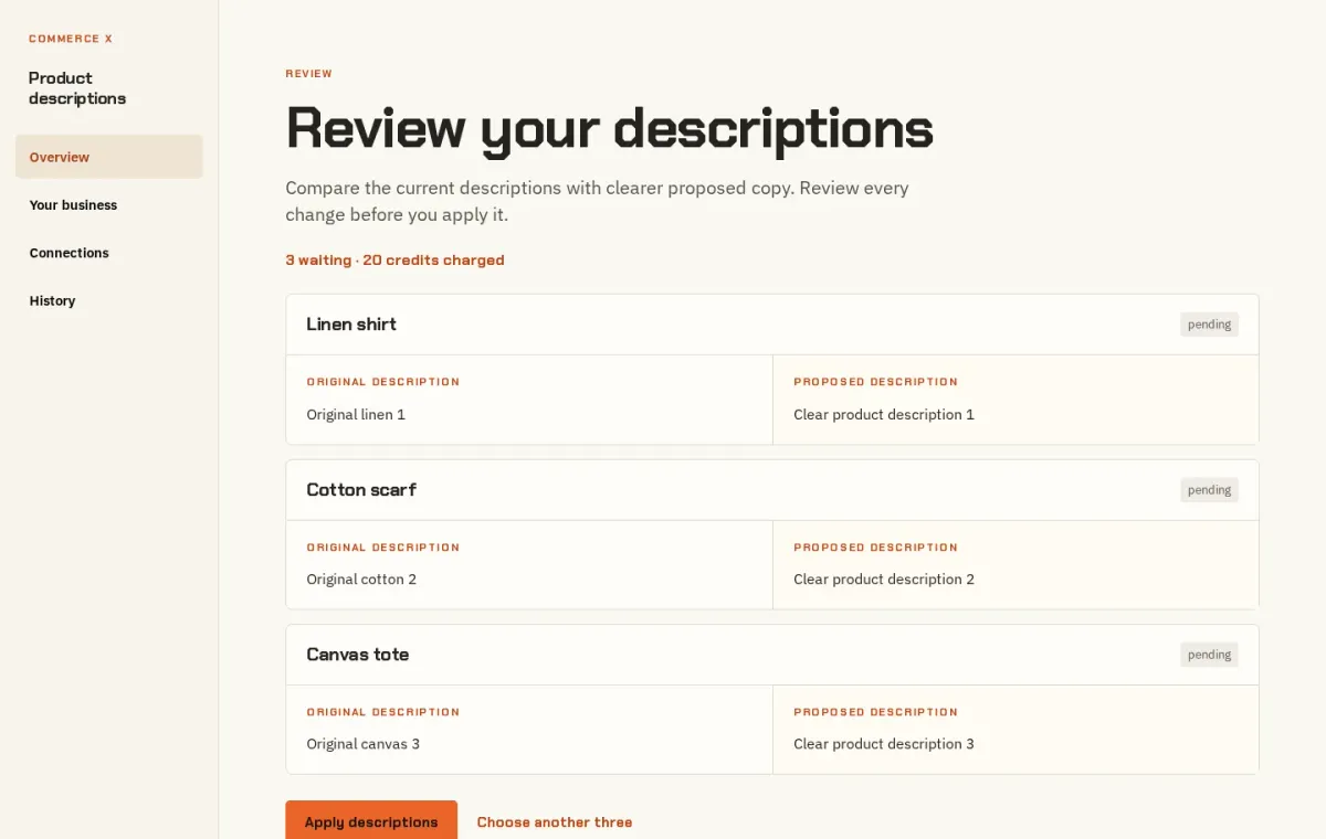 Commerce X review screen showing three sample products, each with the original description beside the proposed one, and an Apply descriptions button