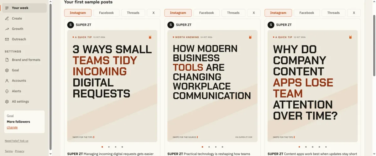 Loudform showing three sample posts for a brand, each with its own picture and a tab for each place it can go