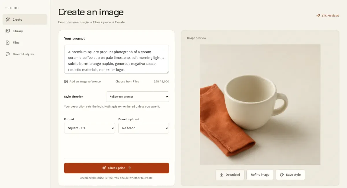 Studio create screen with a described product photo of a ceramic cup, the finished image and the Download, Refine image and Save style buttons