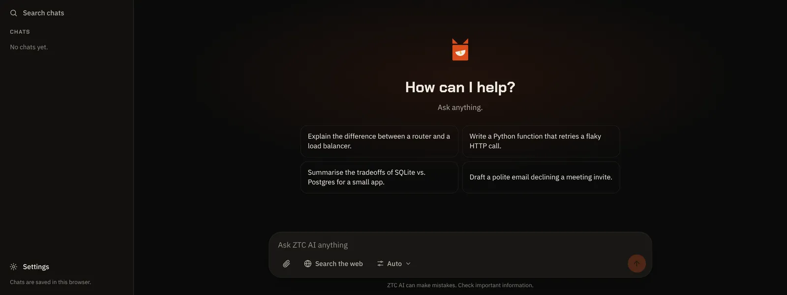 ZTC AI chat on a computer: a New chat button, search, the question How can I help, four suggestions, and the message box with attach, web search and answer picker buttons