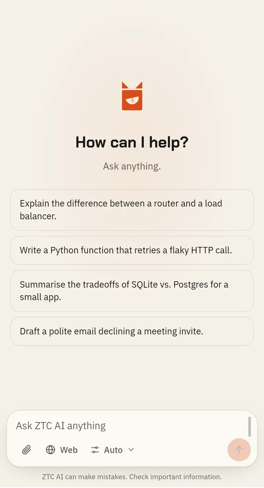 ZTC AI chat on a phone with the same suggestions and message box